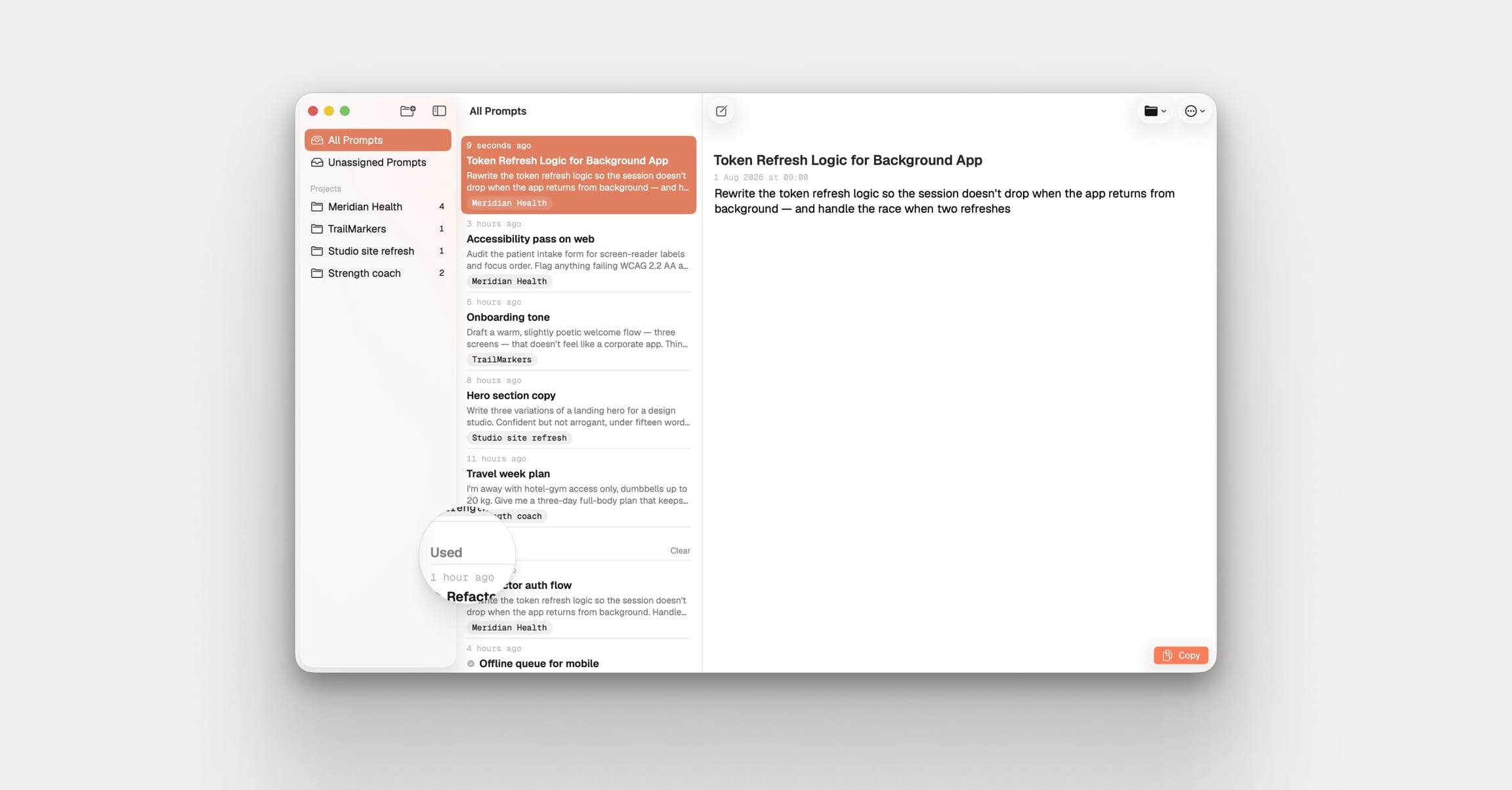 Snop on Mac showing a prompt library and prompt detail